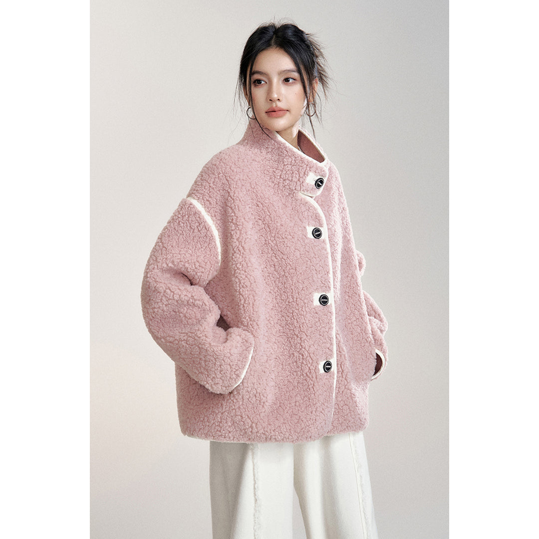 MacyMccoy Patchwork Leather Fleece Jacket Pink