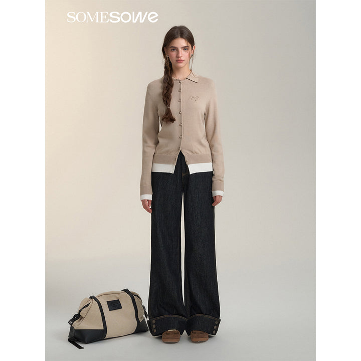 SomeSowe Fake-2-Piece Bow Knit Polo Cardigan Khaki