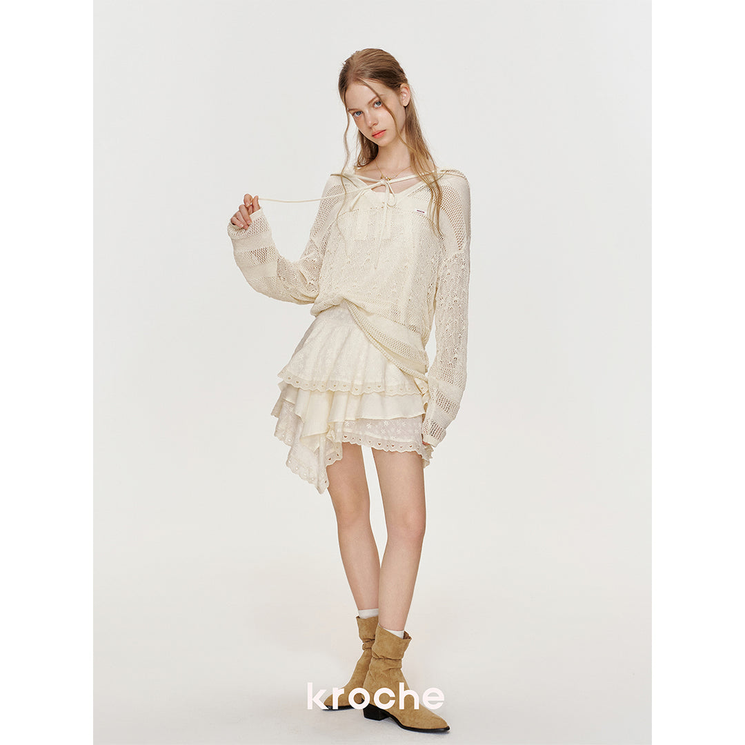 Kroche Hollow Out Striped Hooded Knit Top