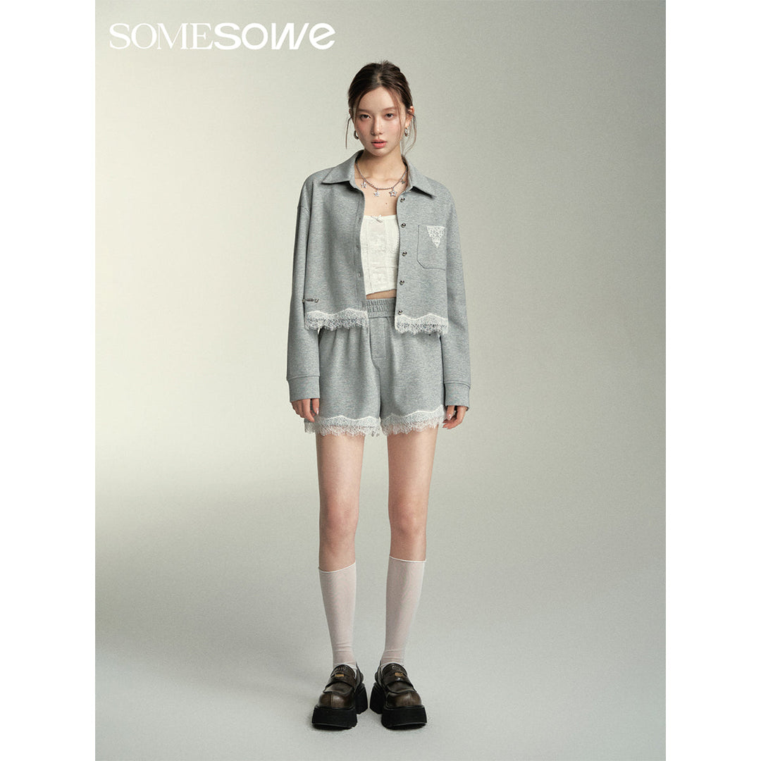 SomeSowe Lace Edge Casual Top Jacket Grey