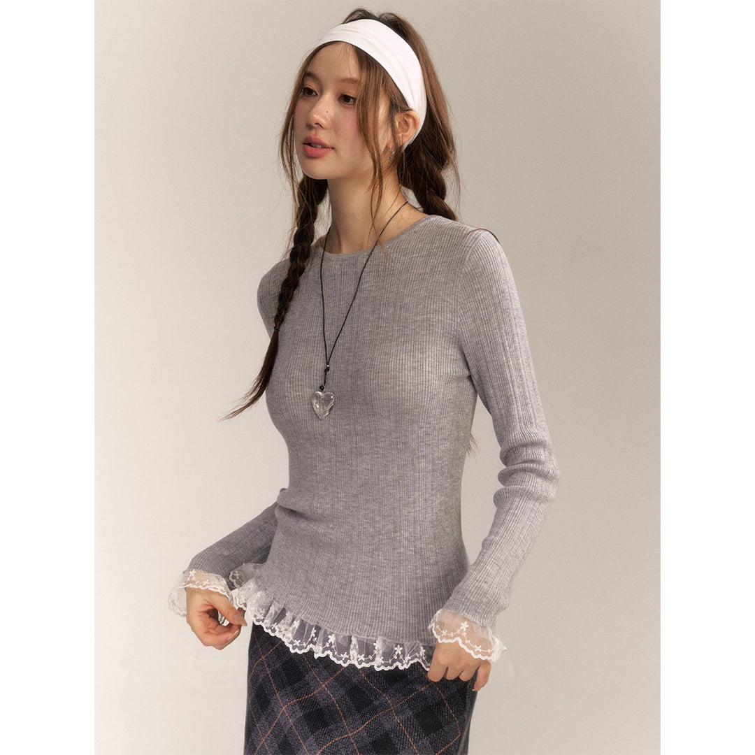 AsGony Blended Woolen Lace Edge Slim Knit Top Gray