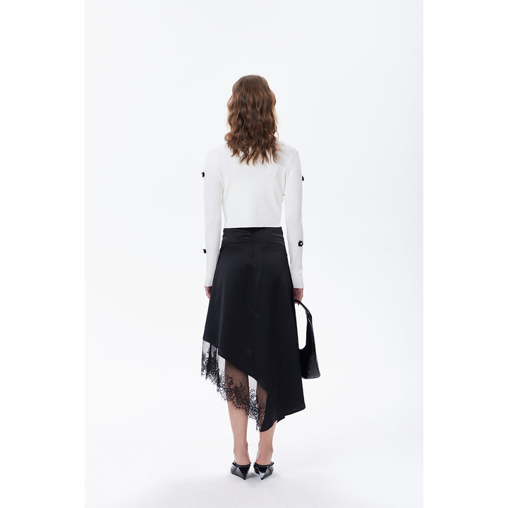 Three Quarters Lace Patchwork Irregular Long Skirt Black