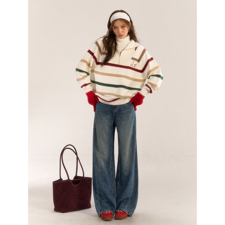 AsGony Contrast Color Striped Half-Zipped Woolen Knit Top