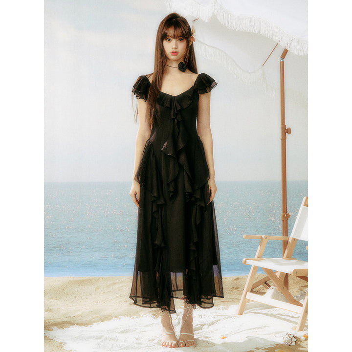 AsGony Ruffled Patchwork Slip Long Dress Black