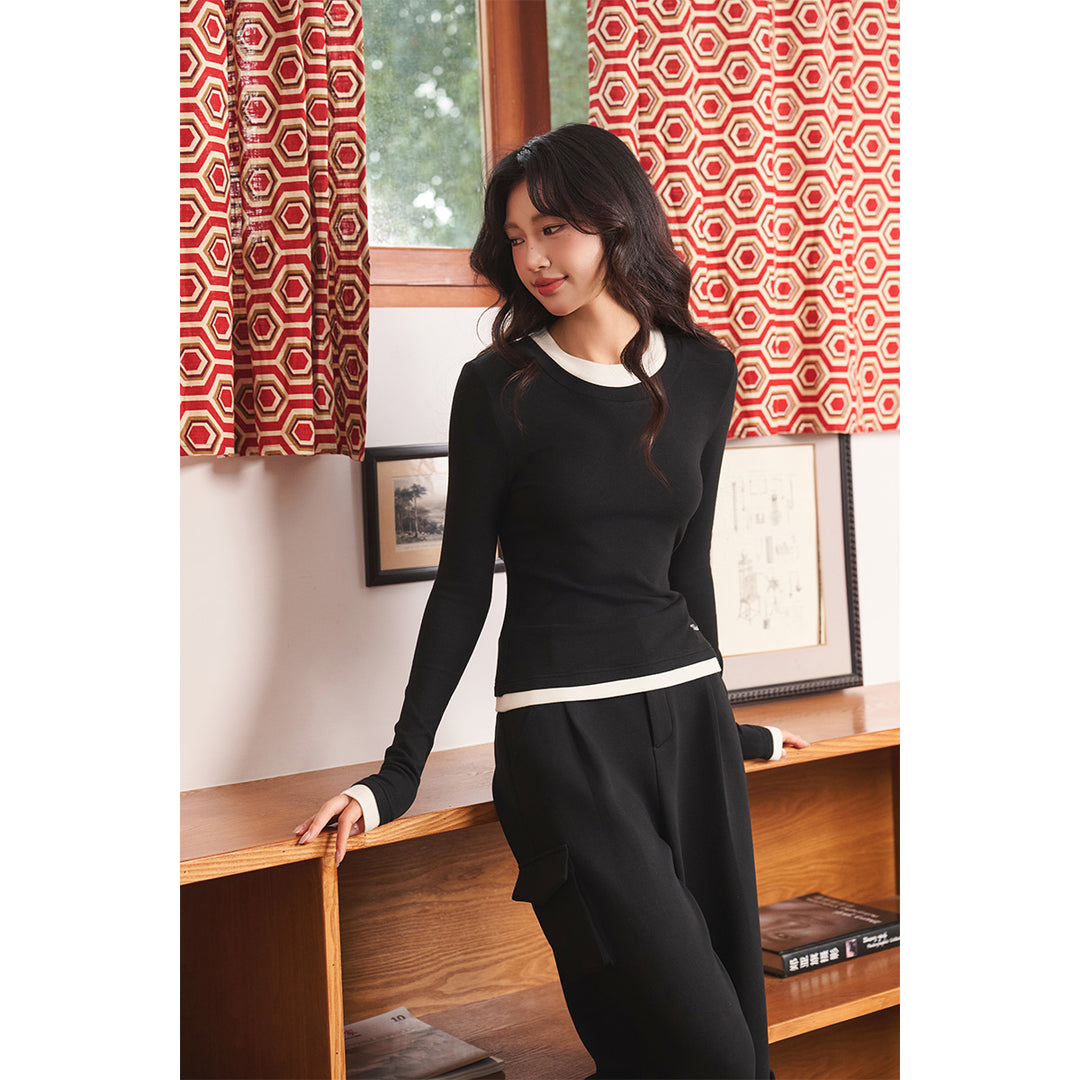 Three Quarters Hotfix Logo Fake-2-Piece Mousse Cashmere Top Black