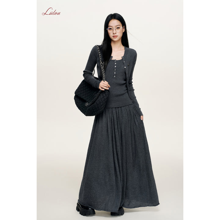 Liilou Draped Elastic-Waist Woolen A-Line Long Skirt Dark Gray