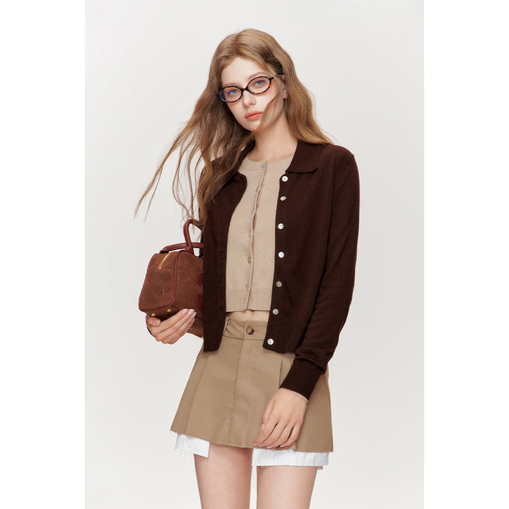 Kroche Shell Button Knitted Polo Cardigan Dark Brown