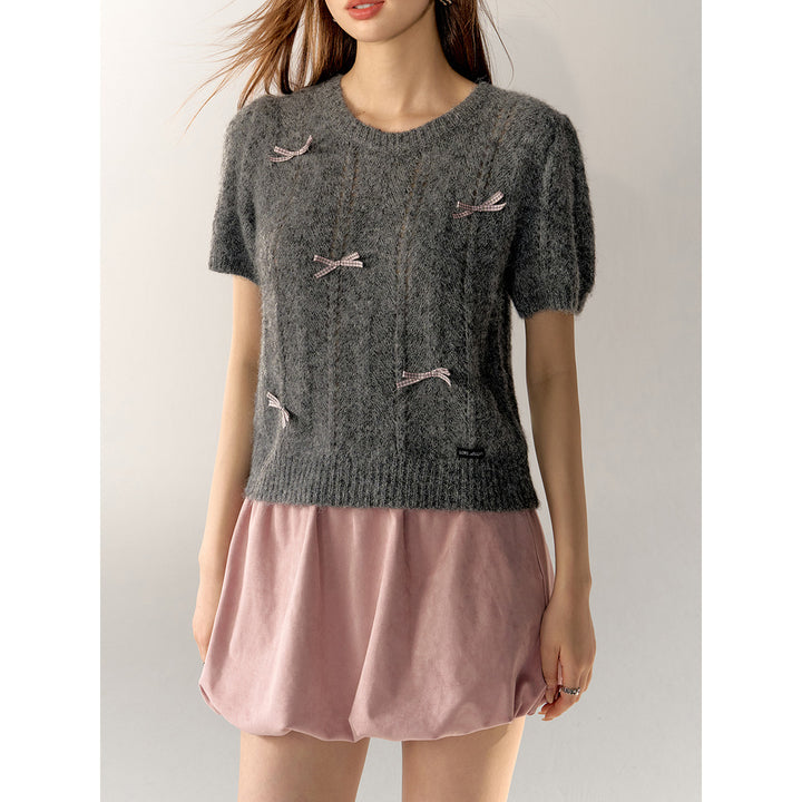 AsGony Bow Tie Puff Sleeve Knit Top Gray