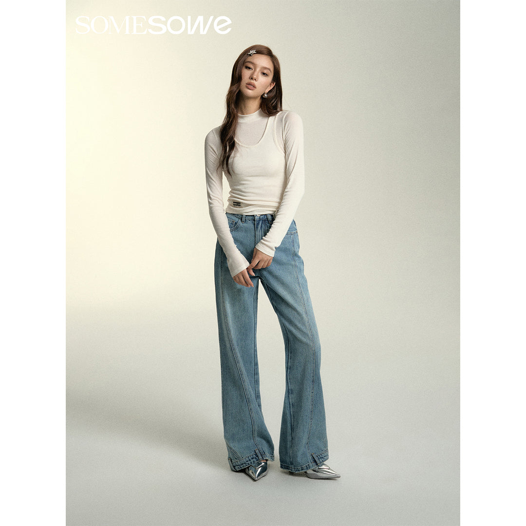 SomeSowe Turtleneck Fake-2-Piece Slim Woolen Top White - Mores Studio