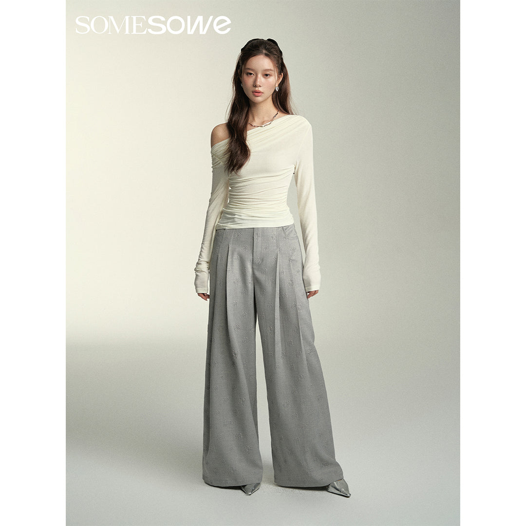 SomeSowe Floral Embossed High-Waisted Wide-Leg Pants Grey