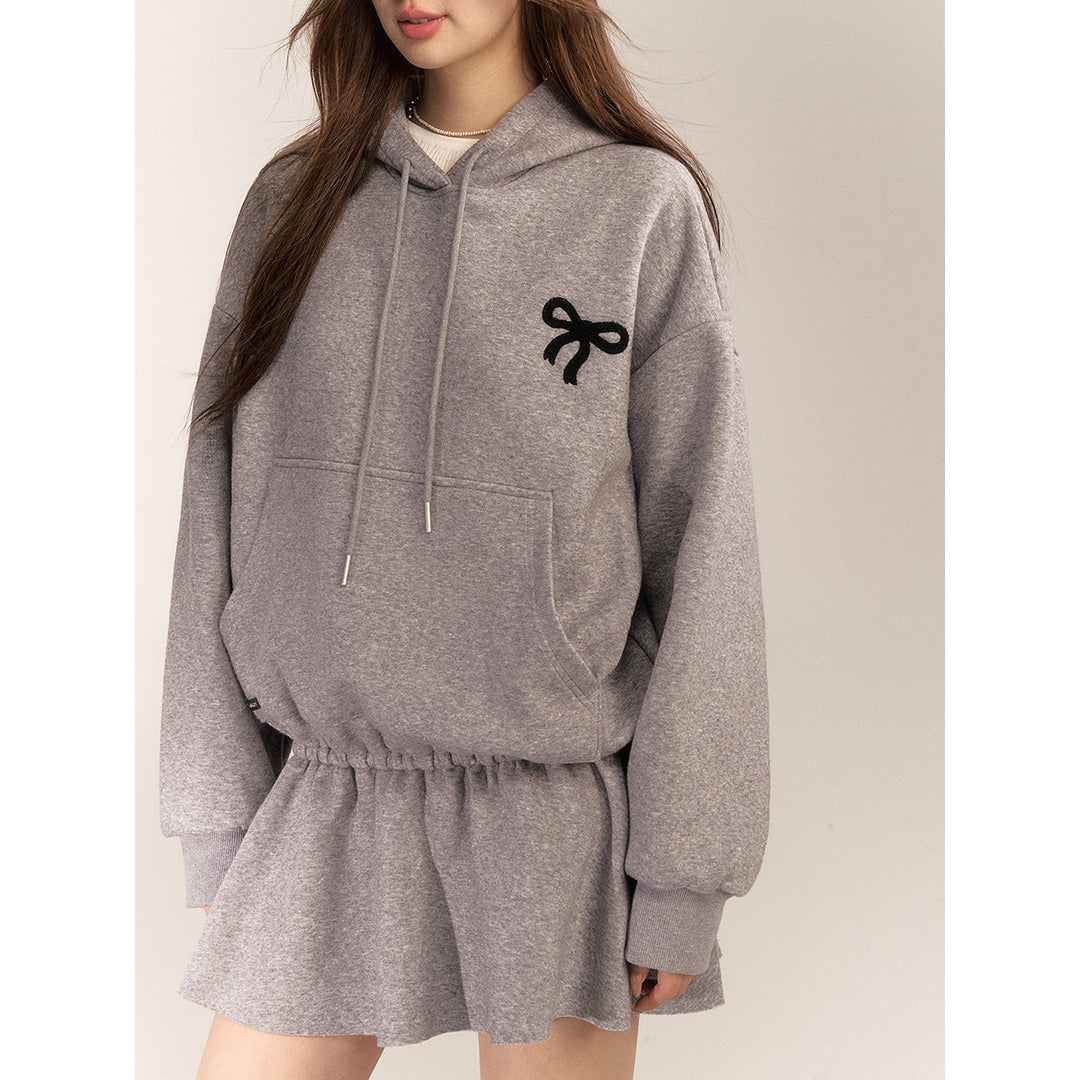 AsGony Bow Tie Hooded Waisting Sweat Dress Gray