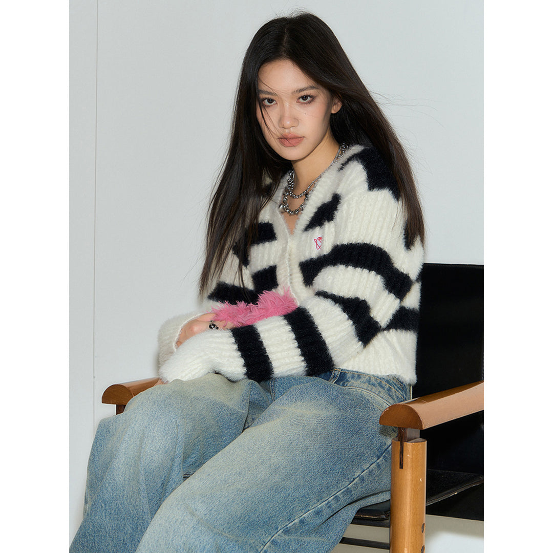 NotAwear Color Blocked Striped Knit Cardigan Black - Mores Studio