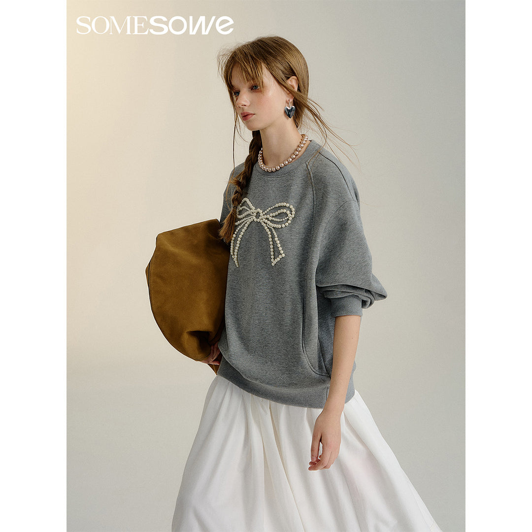 SomeSowe Bow Beaded Crewneck Sweatshirt Gray