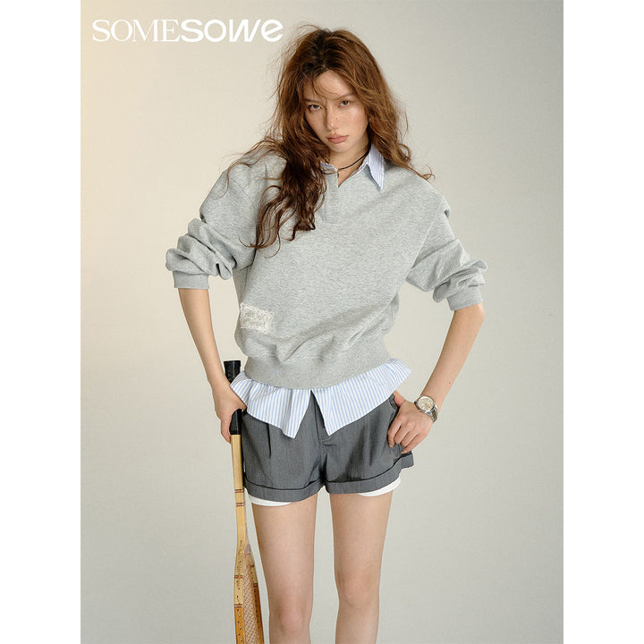 SomeSowe Fake-2-Piece Patchwork Casual Shorts