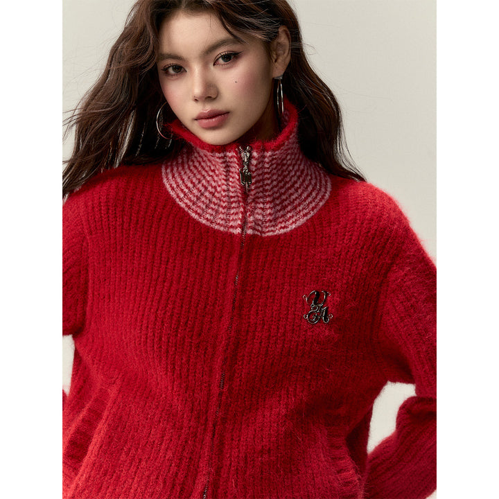 Via Pitti Color Blocked High Collar Knit Cardigan Red