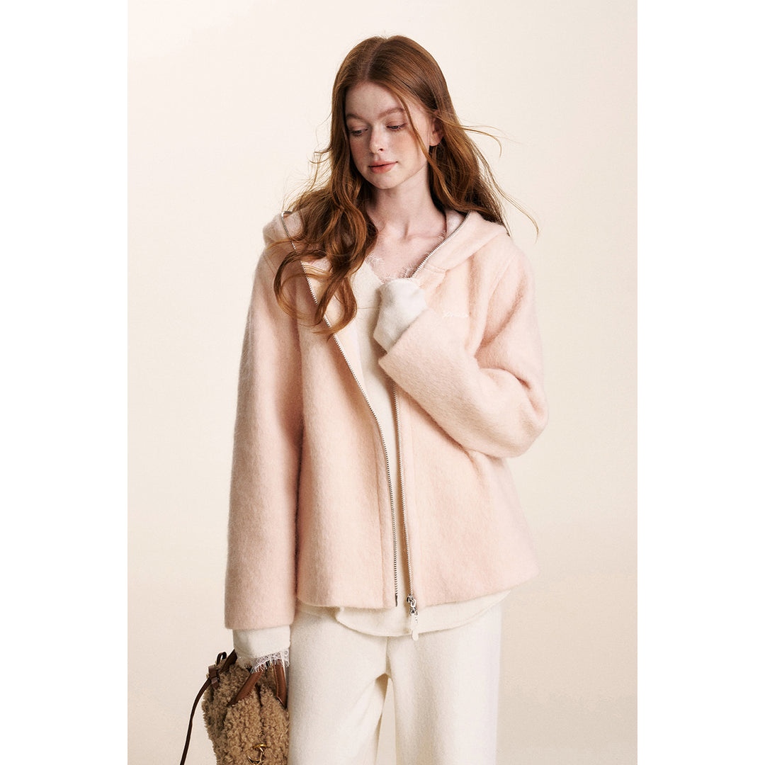 Kroche Double Zipper Tweed Warm Jacket Pink