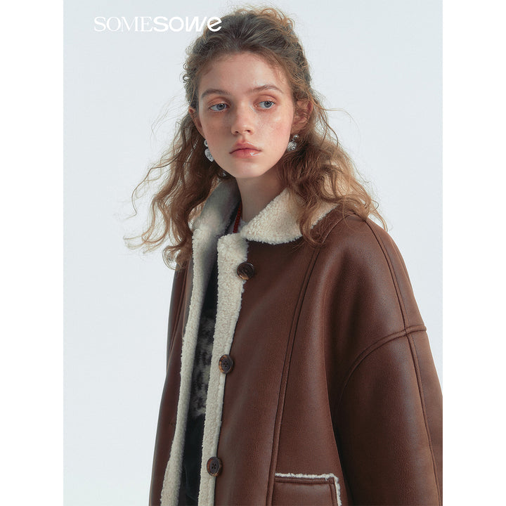 SomeSowe Lapel Leather Integrated Furry Short Jacket Brown