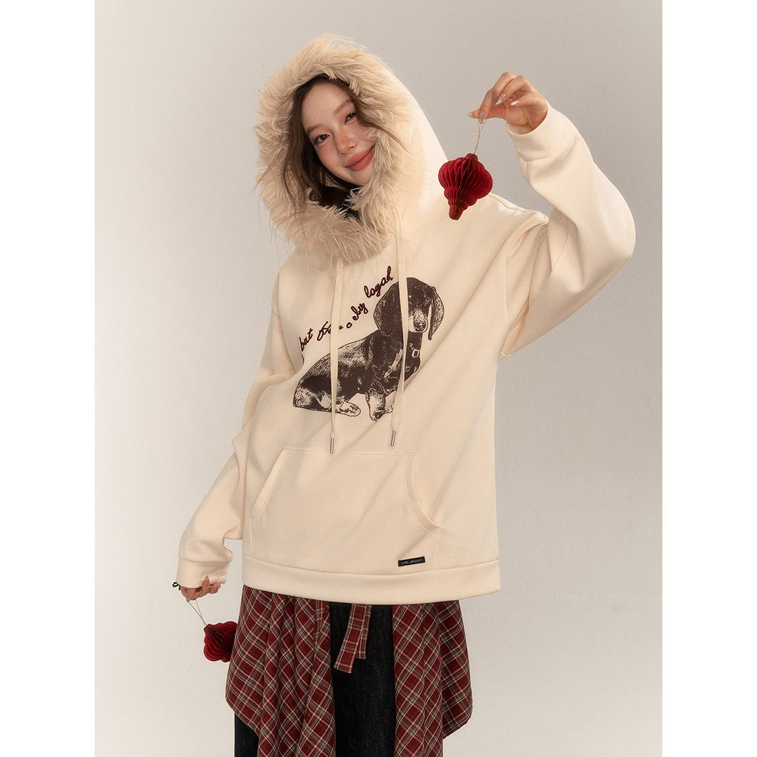 AsGony Puppy Printed Fur Collar Fleece-Lined Hoodie