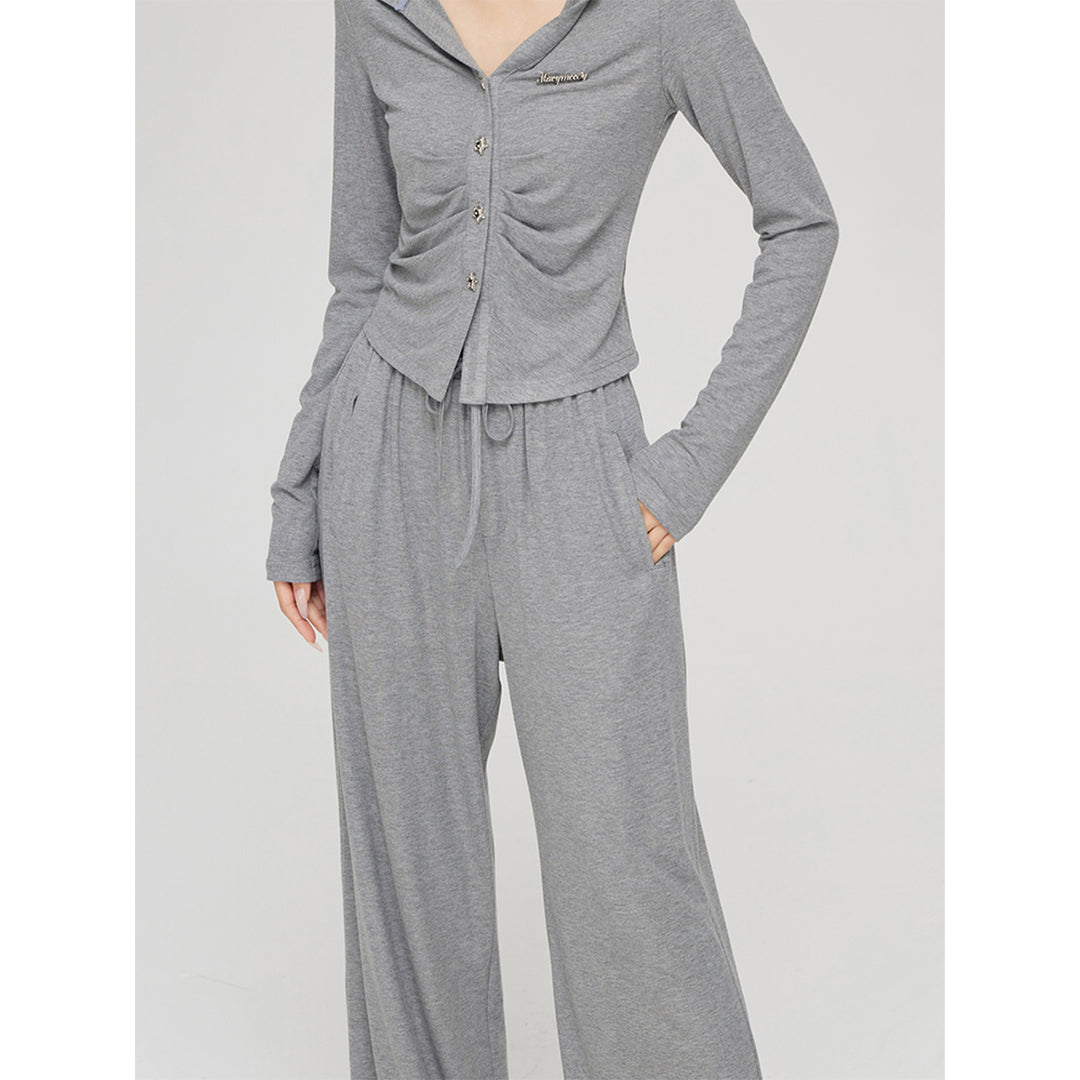 MacyMccoy Pleated Draped Knit Short Top And Wide-Leg Pants Set Gray