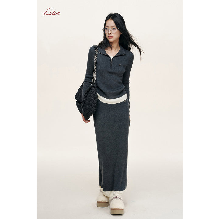 Liilou Merino Woolen Fake-2-Piece Knit Long Skirt Dark Gray