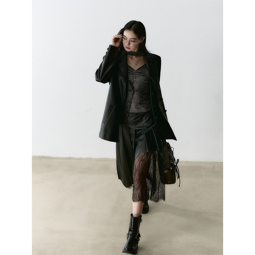 Via Pitti Irregular Lace Patchwork Leather Skirt Black