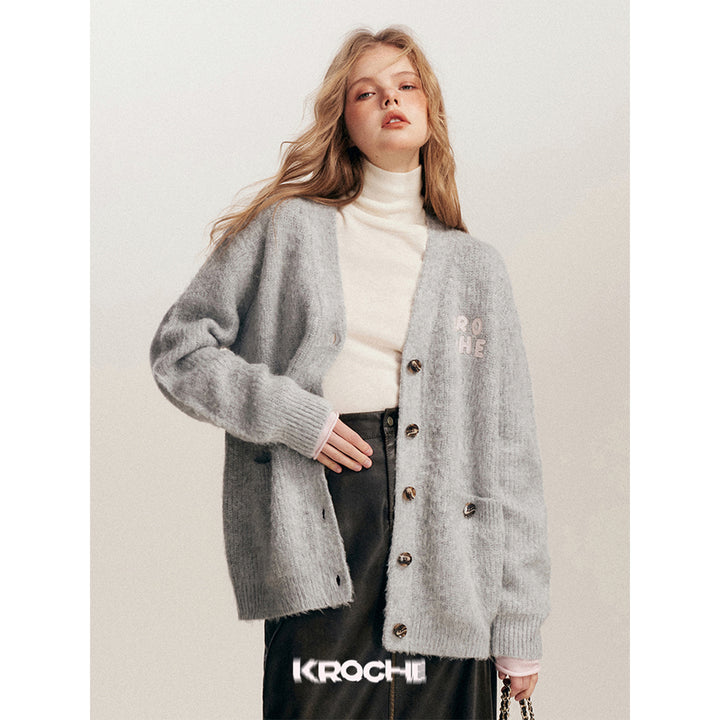 Kroche Color Blocked Logo Embroidery Knit Cardigan - Mores Studio