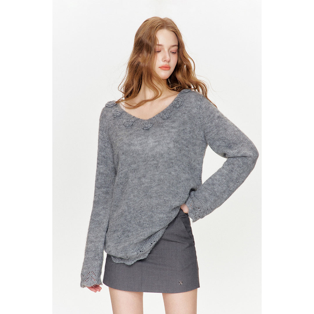 Kroche Hand Crochet Hollow Out V-Neck Knit Top Gray