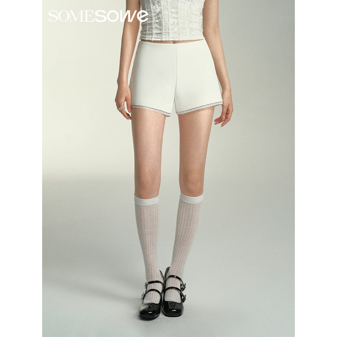 SomeSowe Spliced Lace Bottom Shorts White