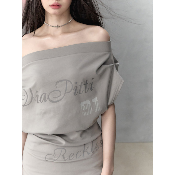 Via Pitti Double Layered Off-Shoulder Top Gray