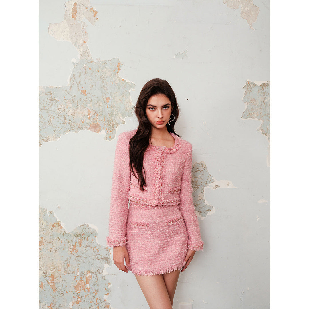 Rocha Roma Beaded Tweed Short Jacket & Skirt Set - Mores Studio