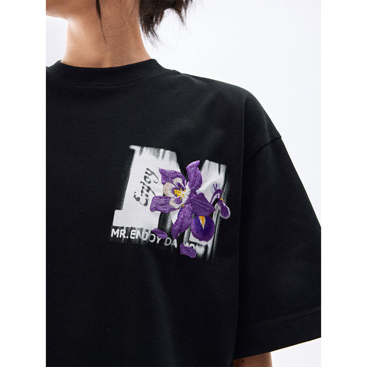 MEDM Mottled Logo Floral Embroidery Tee Black