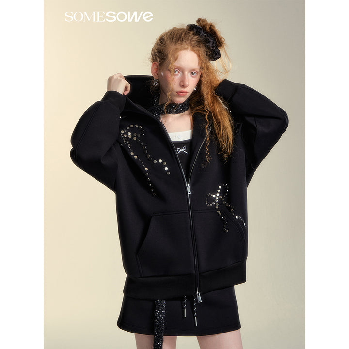 SomeSowe Bow Rivet Hooded Casual Jacket Black