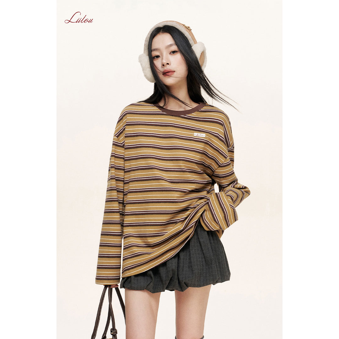 Liilou Athflow Contrast Color Striped L/S Top Brown