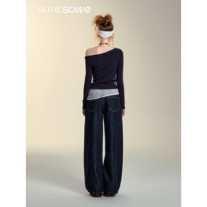 SomeSowe Color Blocked Casual Denim Pants Dark Blue