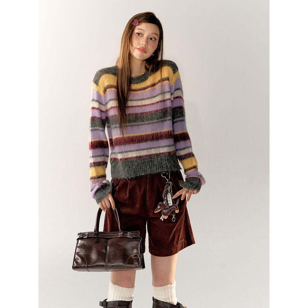 AsGony Contrast Color Striped Knit Sweater Purple