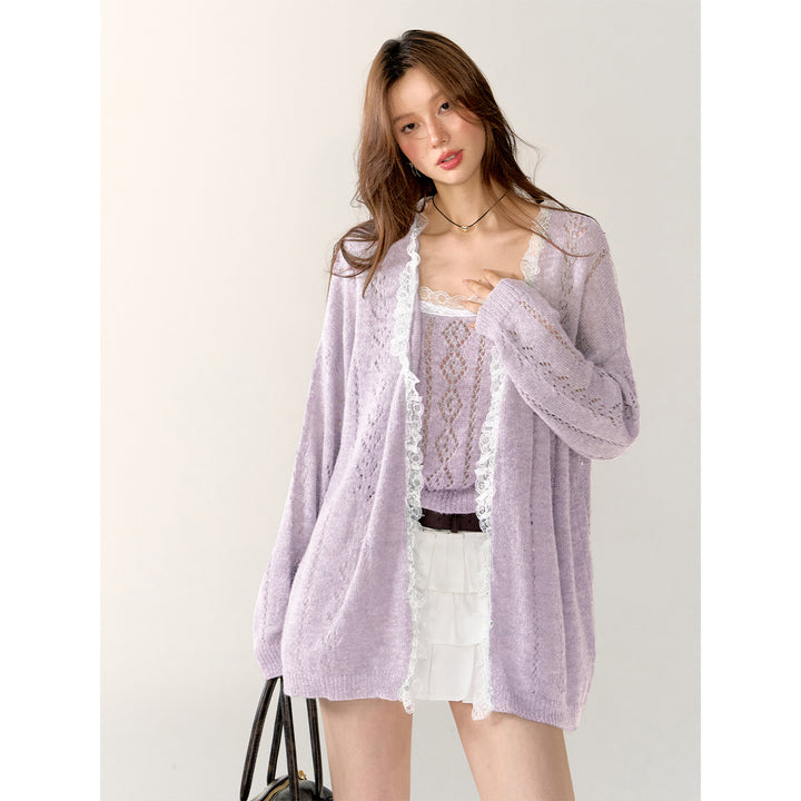 AsGony Lace Edge Hollow Cutting Knit Cardigan Purple