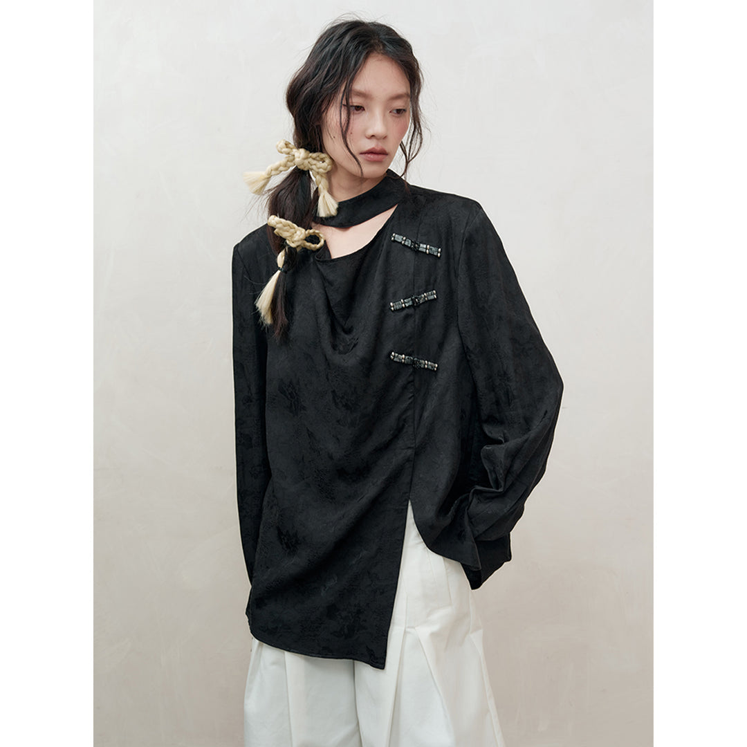 Anno Mundi Beaded Chinese-Style Jacquard Shirt Black
