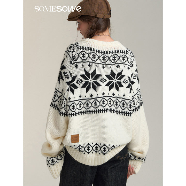 SomeSowe Vintage Jacquard Round-Neck Knit Sweater White