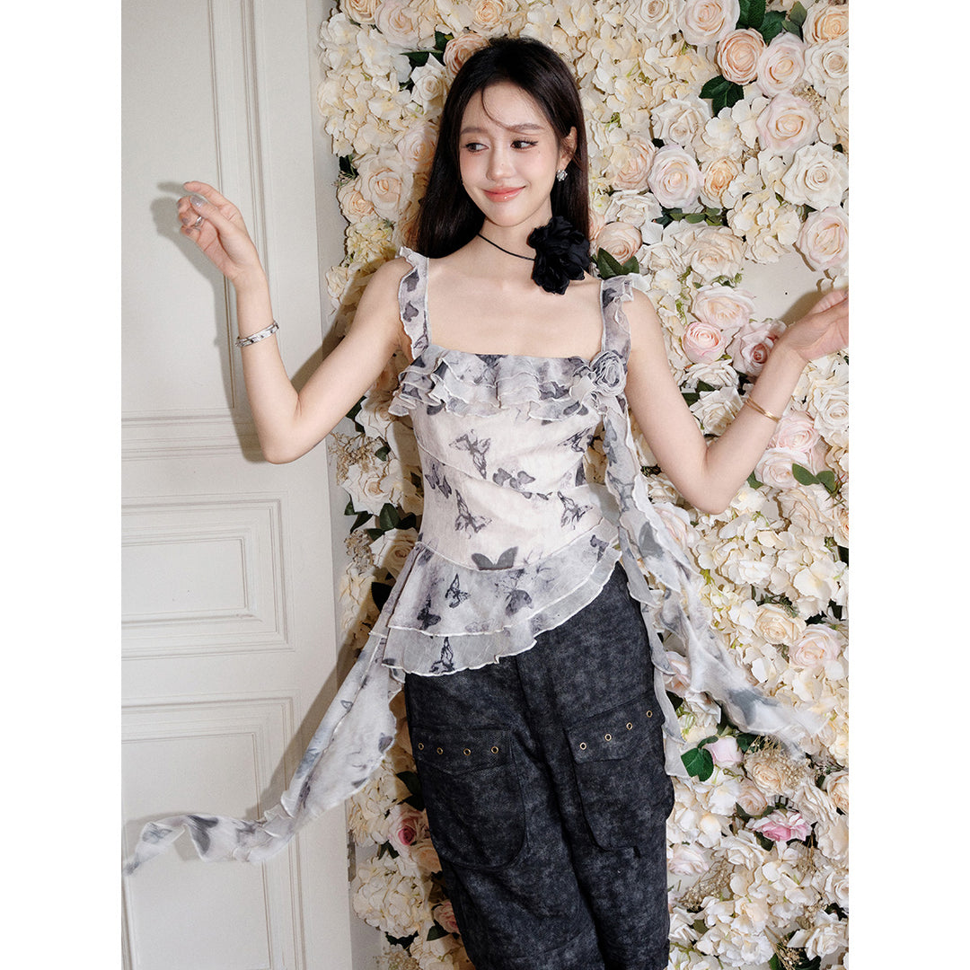 MeliMosa Butterfly Printed Ribbon Chiffon Top