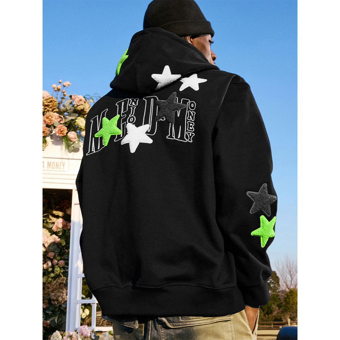 MEDM Embroidery Stars Zip Up Hoodie Black