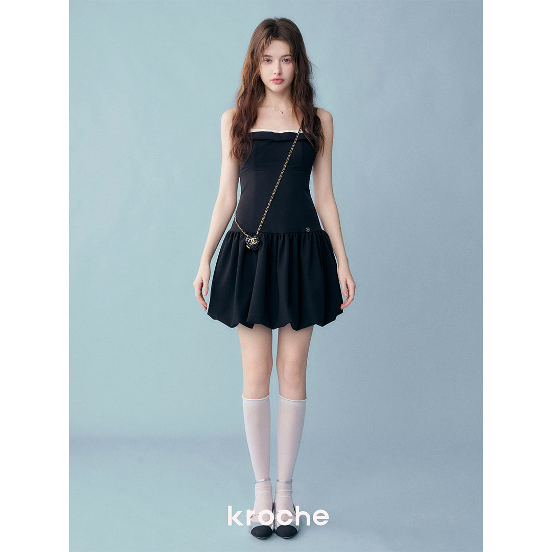 Kroche Color Blocked Bow Patchwork Bud Dress Black