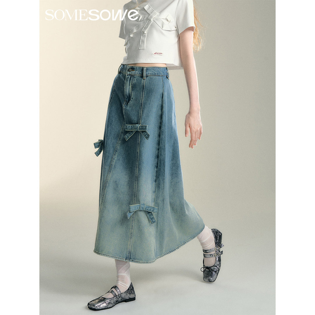 SomeSowe Gradient Stereo bow Denim Long Skirt