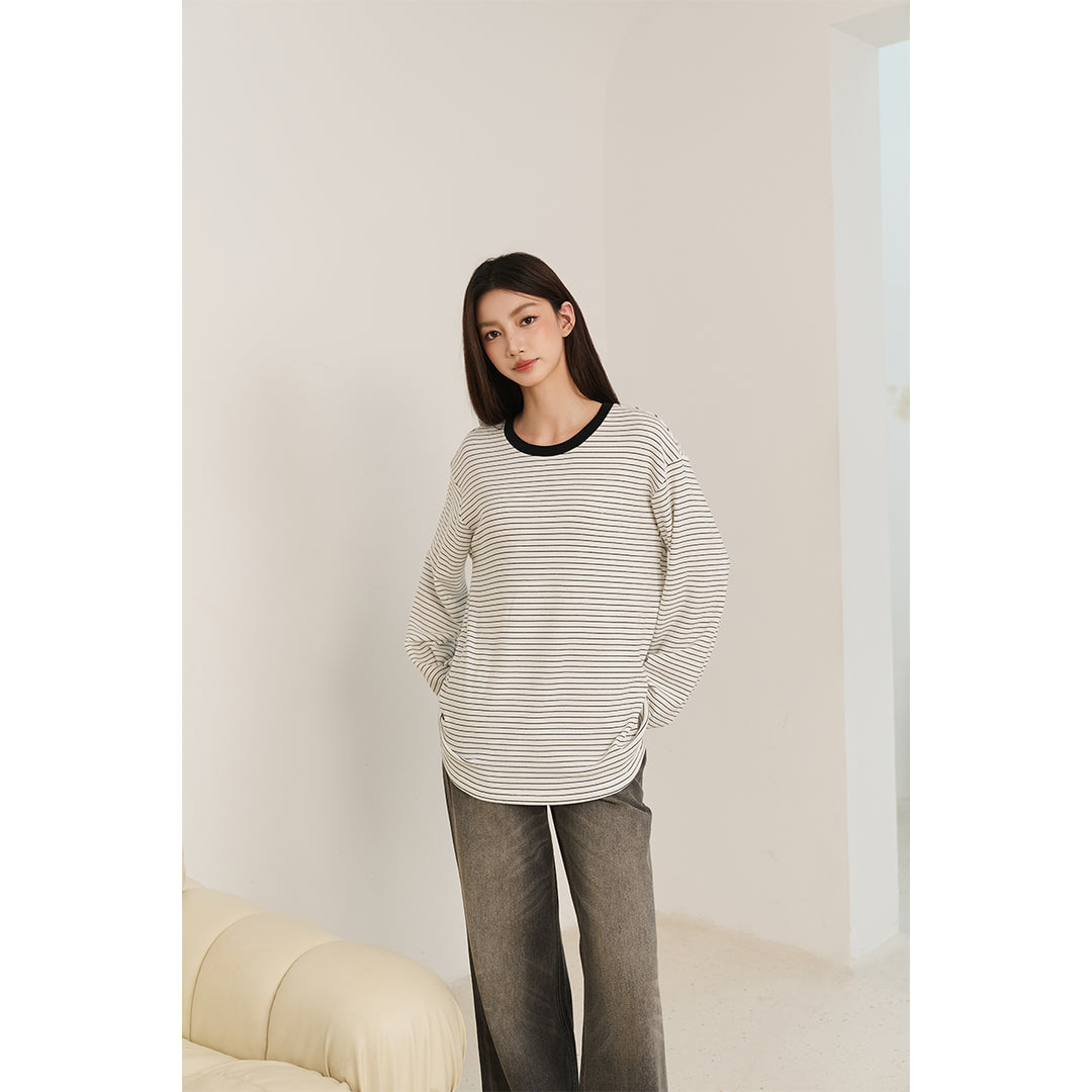 Three Quarters Hotfix Logo Striped Mousse Cashmere L/S Tee White