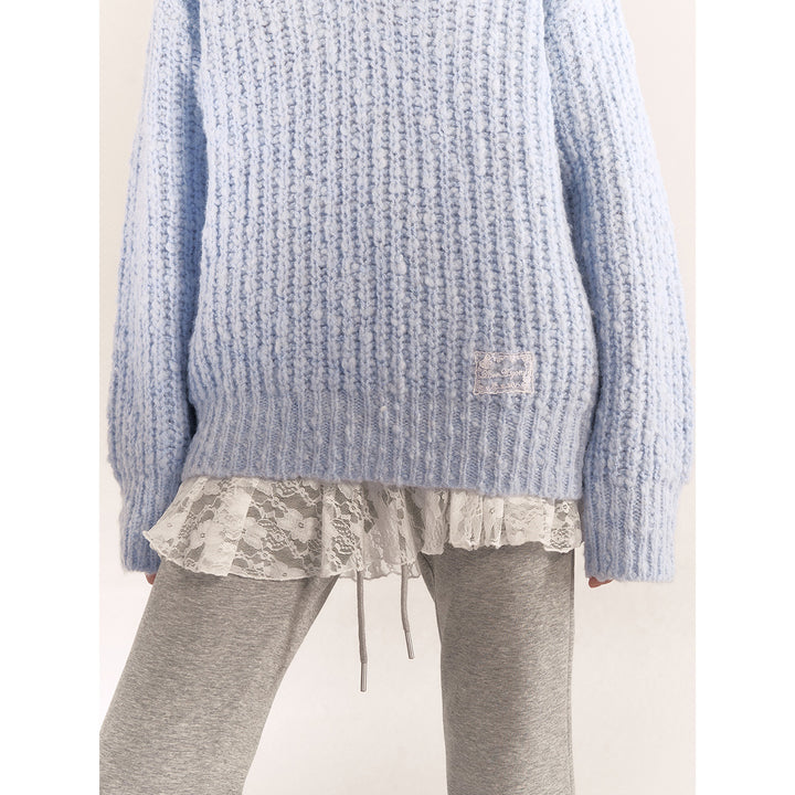 AsGony Blended Woolen V-Neck Knit Sweater Blue