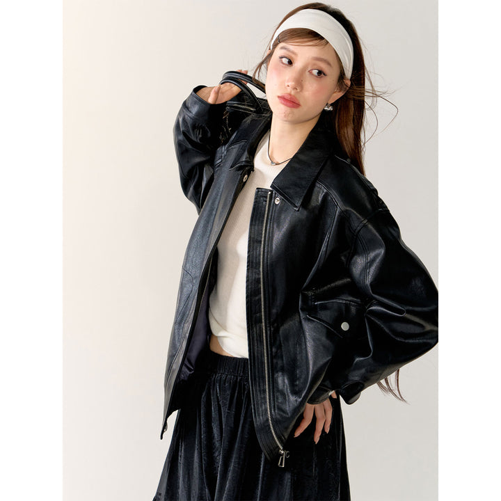 AsGony Retro Lapel Casual Leather Jacket Black