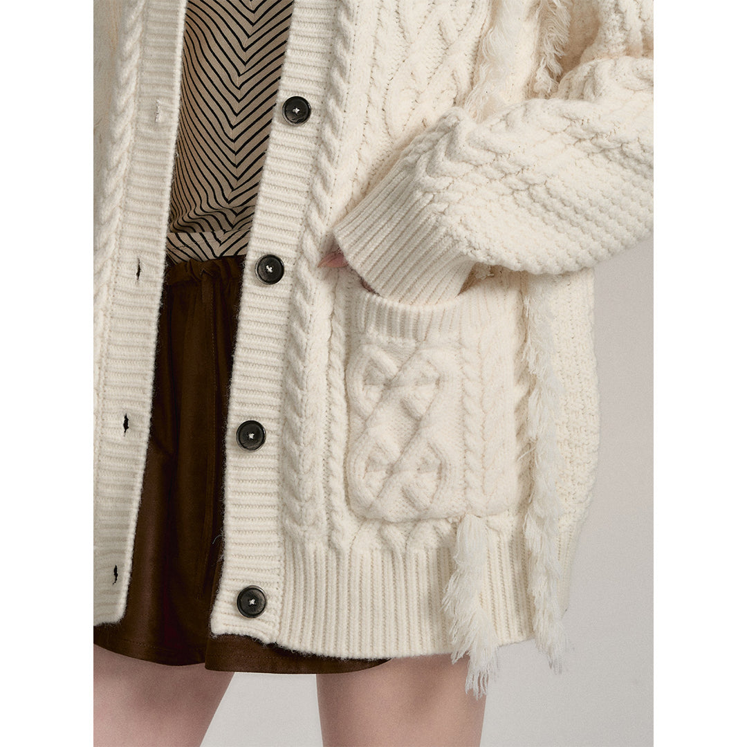 Via Pitti Heavy Twist Metal Logo Knit Cardigan Beige