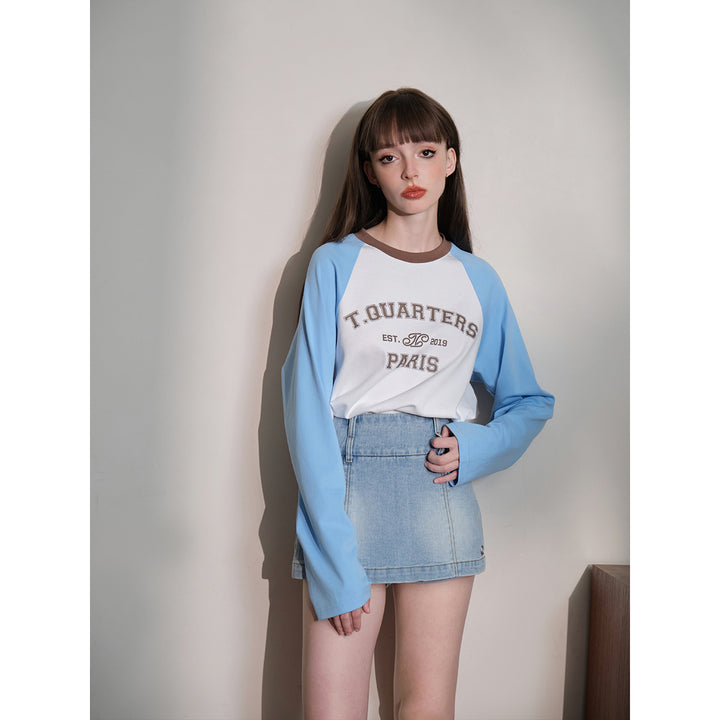 Three Quarters Color Blocked Logo Embroidery Long Sleeve Tee Blue - Mores Studio