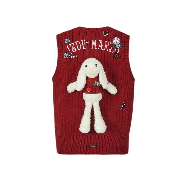 13De Marzo Plush Rabbit Badges Knit Vest Red - Mores Studio