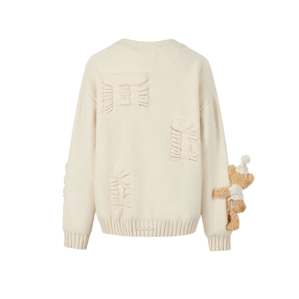 13De Marzo Plush Bear Jacquard Letter Knit Cardigan Cream - Mores Studio
