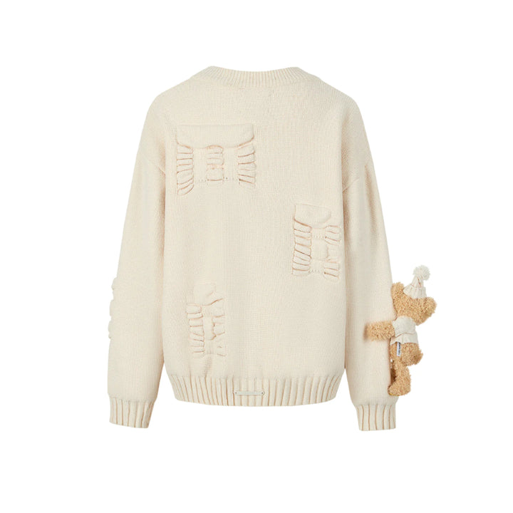 13De Marzo Plush Bear Jacquard Letter Knit Cardigan Cream - Mores Studio
